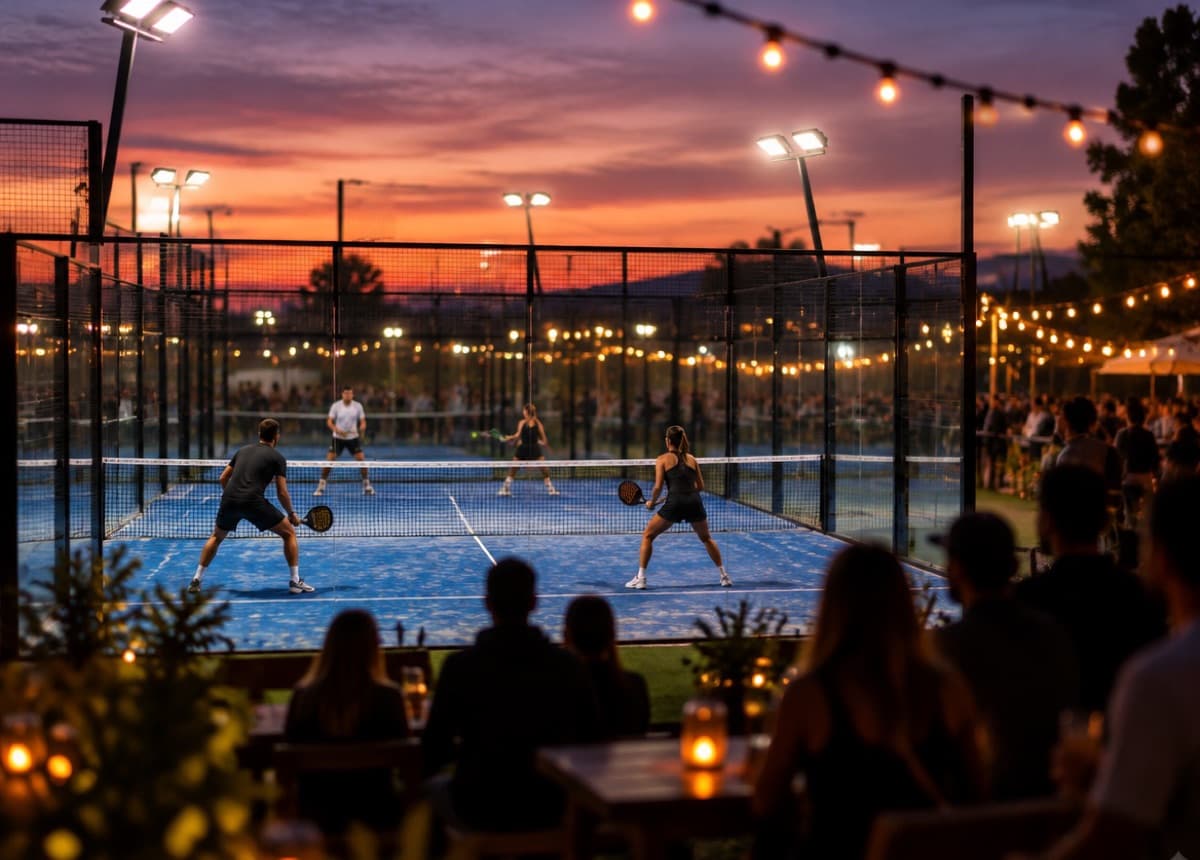 A padel tournament at dusk under floodlights with spectators watching