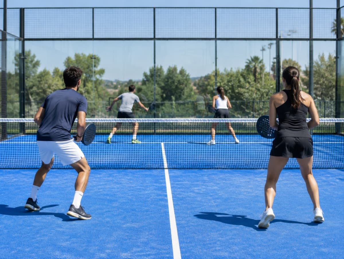 Four players in a doubles padel match on a blue court