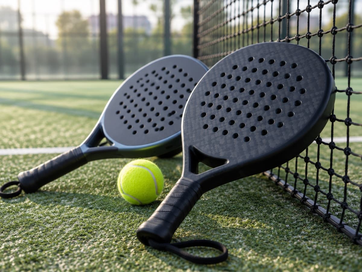 Two padel rackets and a ball resting by the net